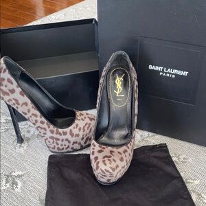 Saint Laurent grey and brown Leopard platform Print Heels